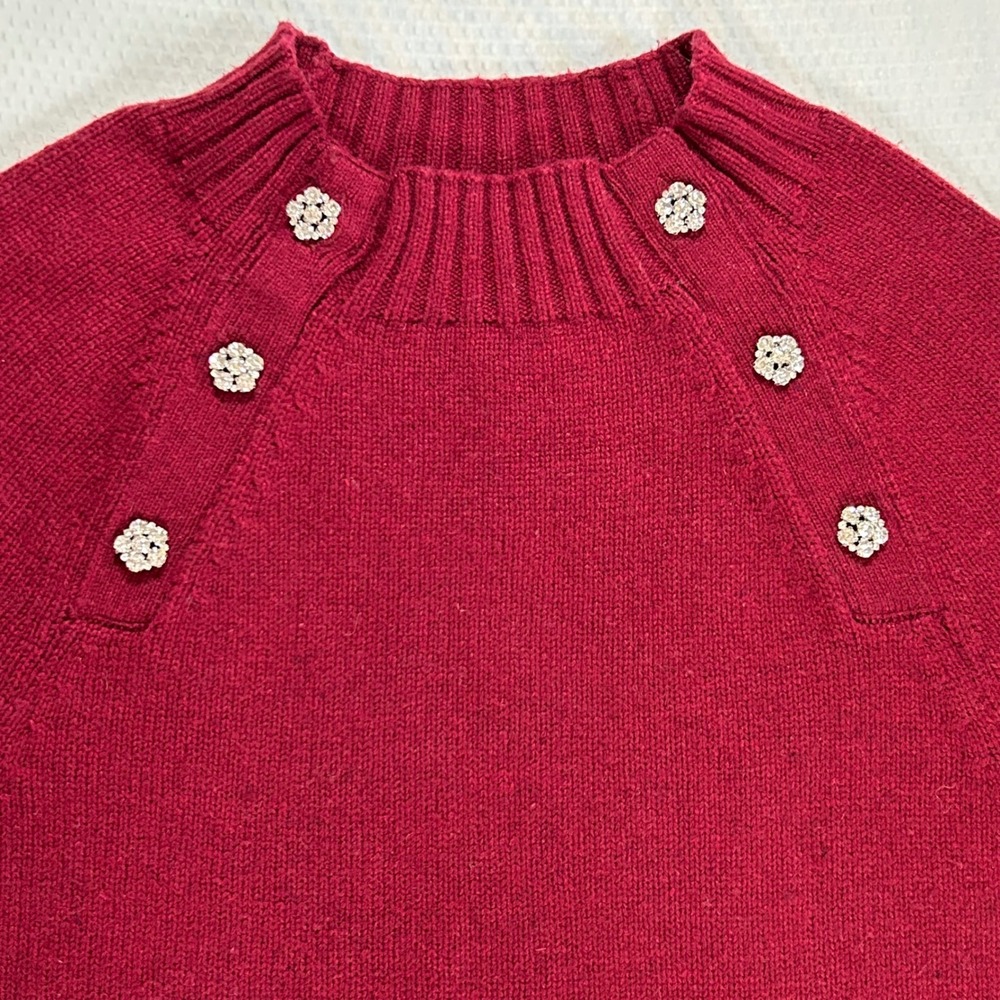 J. Crew Womens Red Lambswool Blend Rhinestone Flower Button Mock‎ Neck Sweater S